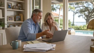A couple reviewing household finances on a laptop at their Florida home, with a screened lanai, pool, and water beyond the sliding doors.