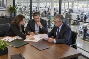 Small-business owner reviewing retirement-plan documentation with his CPA and attorney in an upstairs office overlooking a high-tech manufacturing floor.